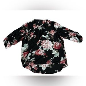 BCX Black Floral Blouse Size M. Wrap Front with Snap. Buckle on Sleeves.
